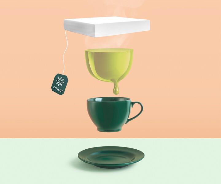 Conceptual illustration showing Zinus mattress comfort inspired by green tea, with layered elements stacked like a teacup arrangement, conveying soothing support, infused materials, and a calm, refreshing sleep experience