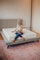 Zinus memory foam mattress on a low gray platform bed in a bright room, shown supporting a seated person to highlight simple comfort and supportive cushioning