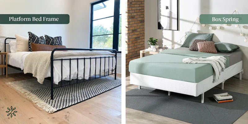 Side-by-side comparison showing a platform bed frame with a metal design and layered bedding next to a box spring setup with a light green mattress, both labeled “Platform Bed Frame” and “Box Spring” to highlight the difference in support styles.