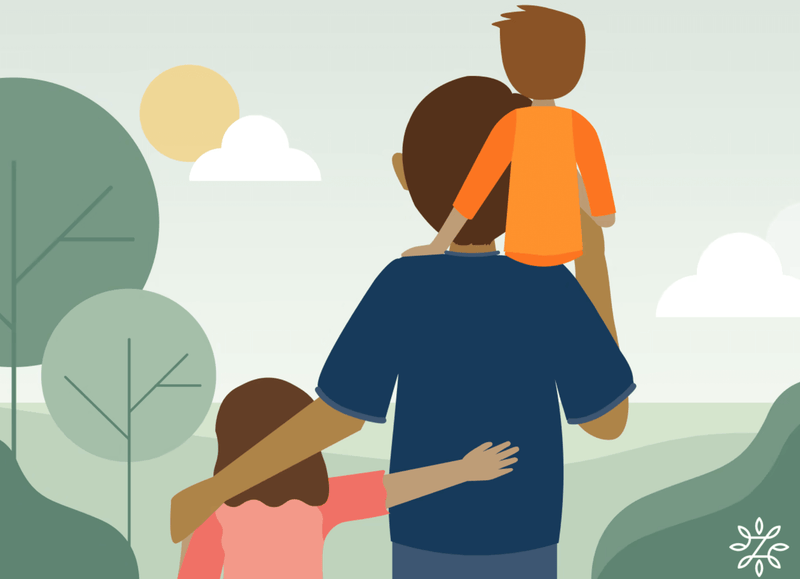 Illustrated parent standing outdoors with two children, one riding on their shoulders and the other holding their arm, conveying a warm family moment in a simple nature setting with trees, clouds, and sun.