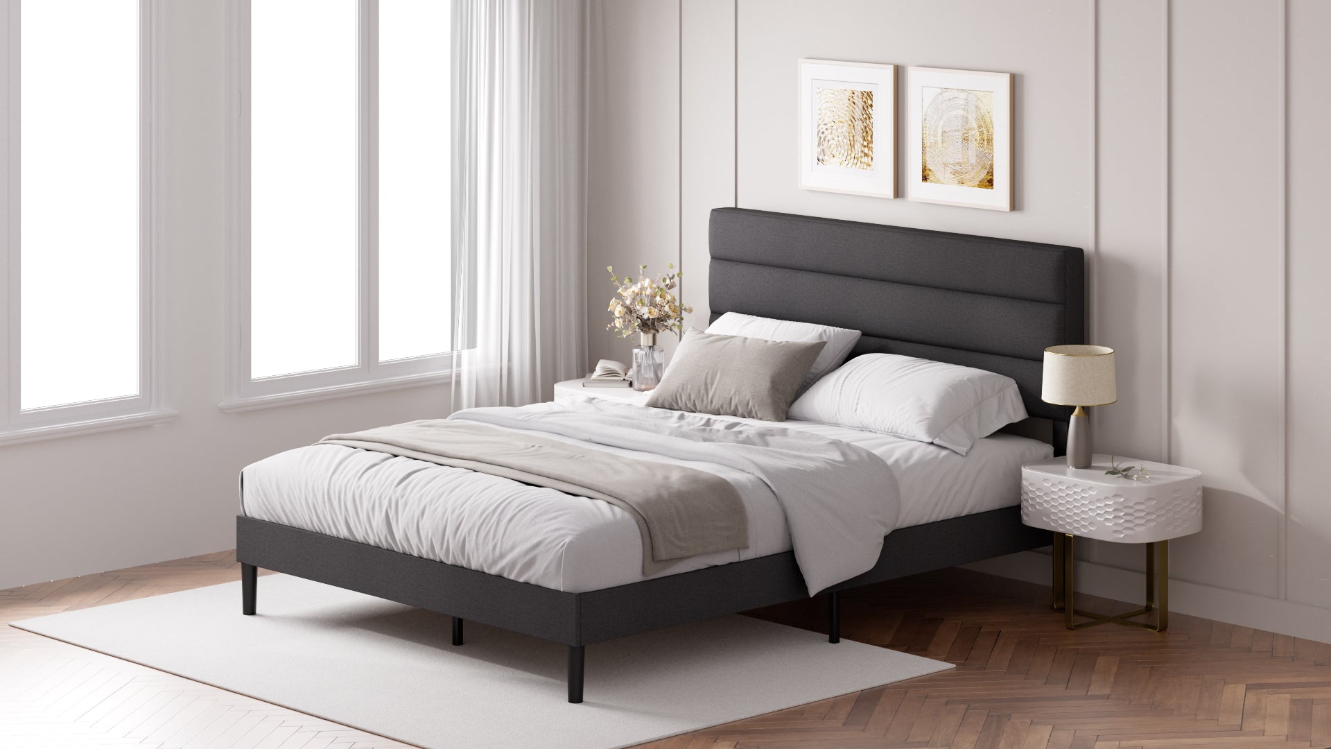 Piper Horizontal Panel Upholstered Platform Bed, Dark Grey