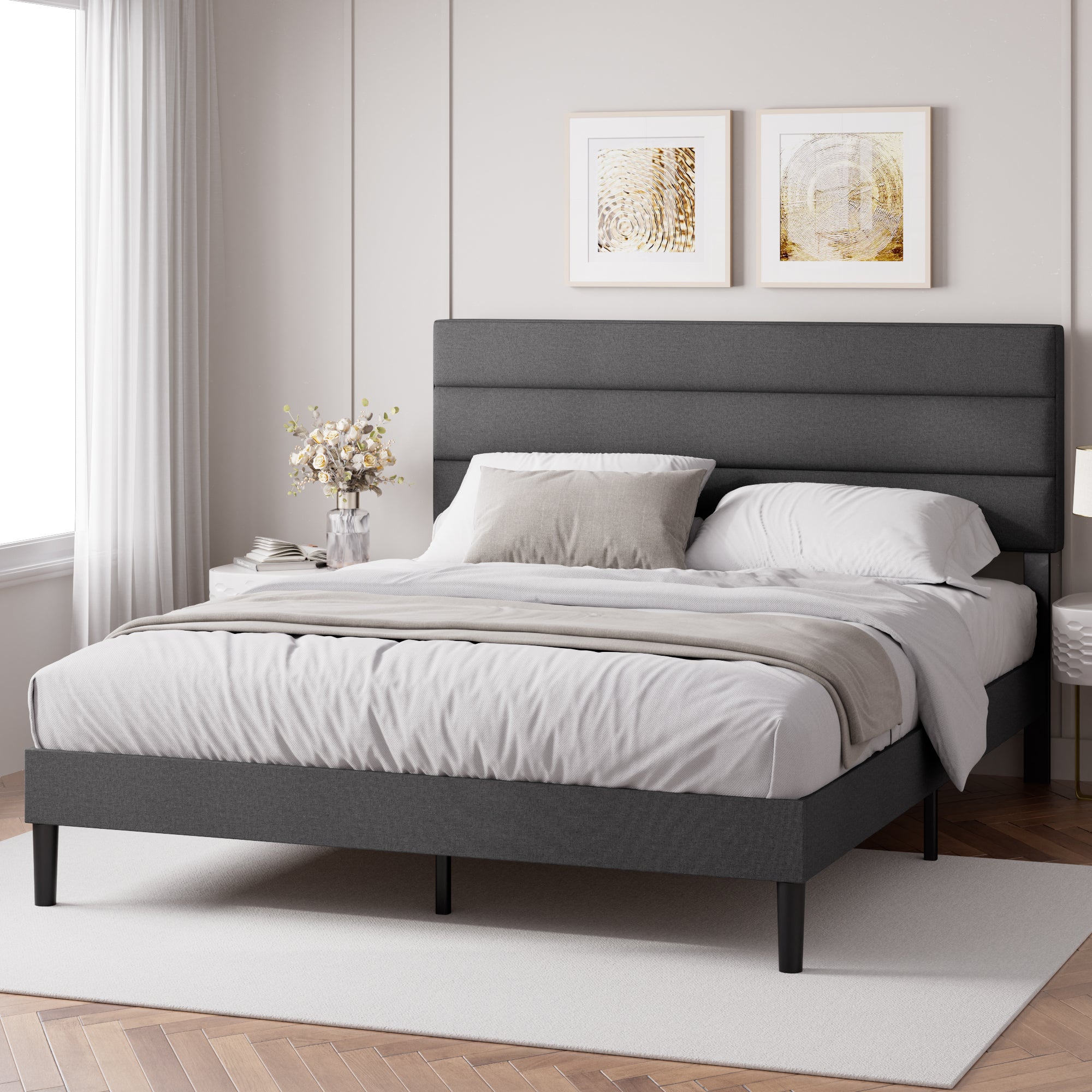 Piper Horizontal Panel Upholstered Platform Bed, Dark Grey