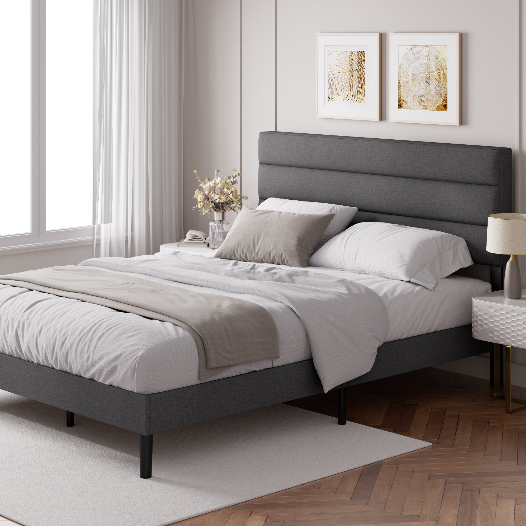 Piper Horizontal Panel Upholstered Platform Bed, Dark Grey