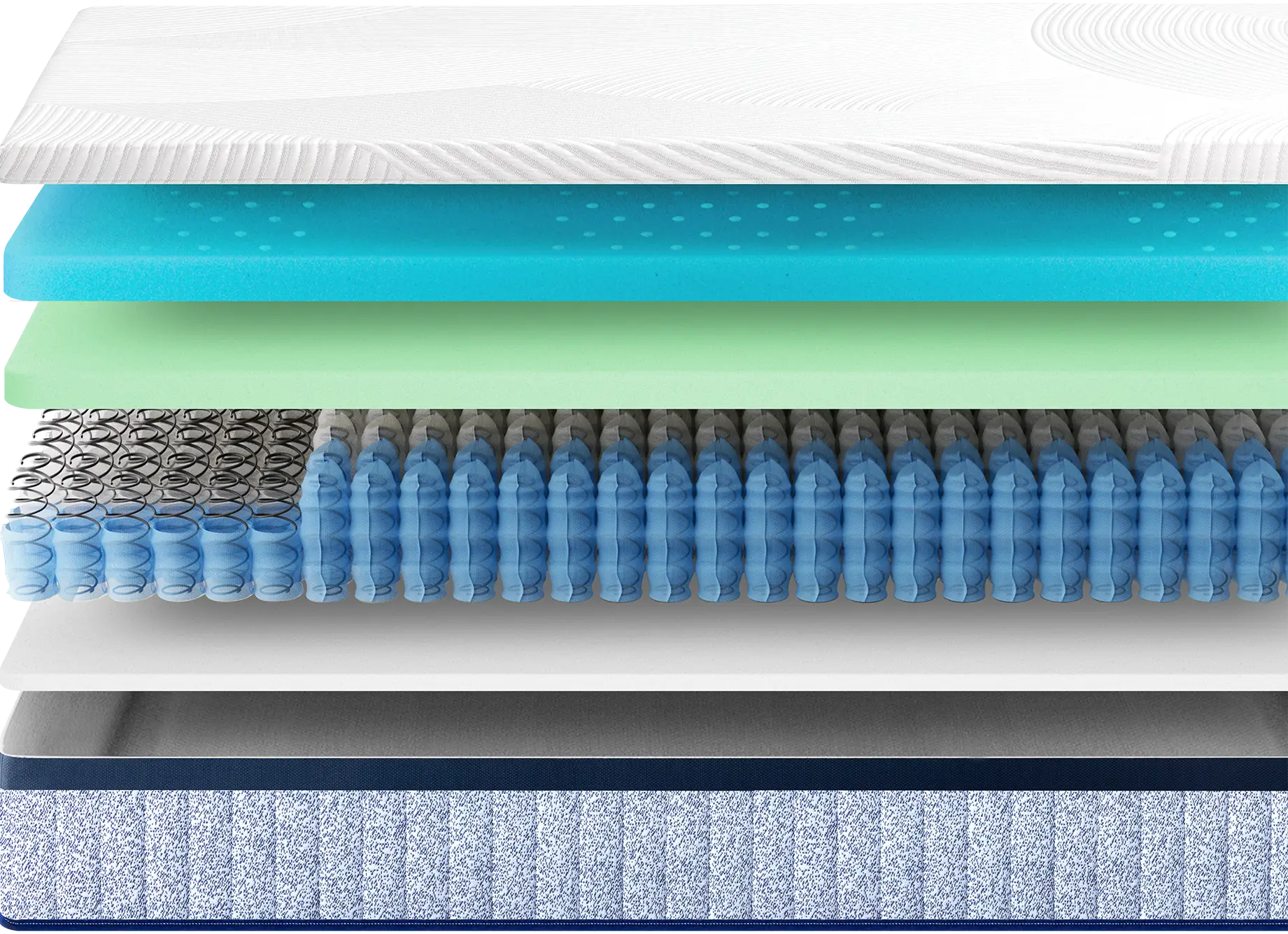 Exploded cutaway of Zinus hybrid mattress showing multiple layers: white breathable cover, cooling gel-infused foam, green support foam, pocketed coil system, and supportive foam base.