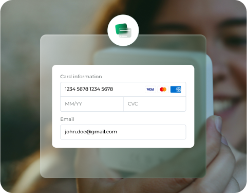 Online checkout form with fields for card information (1234 5678 1234 5678, MM/YY, CVC) and email (john.doe@gmail.com
). Logos for Visa, Mastercard, Amex visible. Background shows smiling person holding phone, emphasizing secure payments