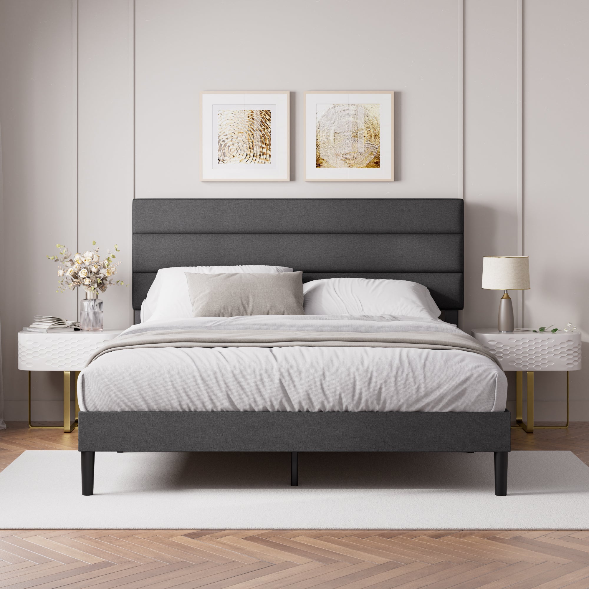 Piper Horizontal Panel Upholstered Platform Bed, Dark Grey