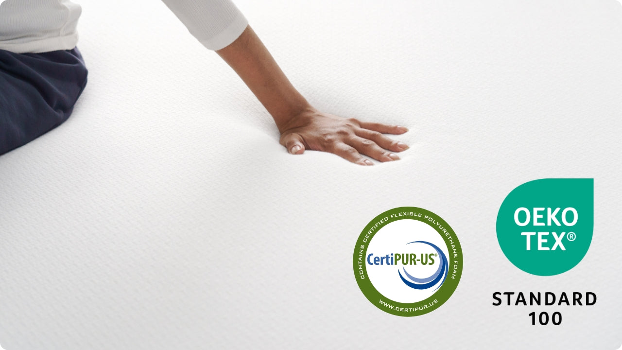 Hand pressing into the surface of the Cooling Green Tea Memory Foam Mattress, showcasing pressure-relieving foam certified by CertiPUR-US® and OEKO-TEX® for safety and quality.
