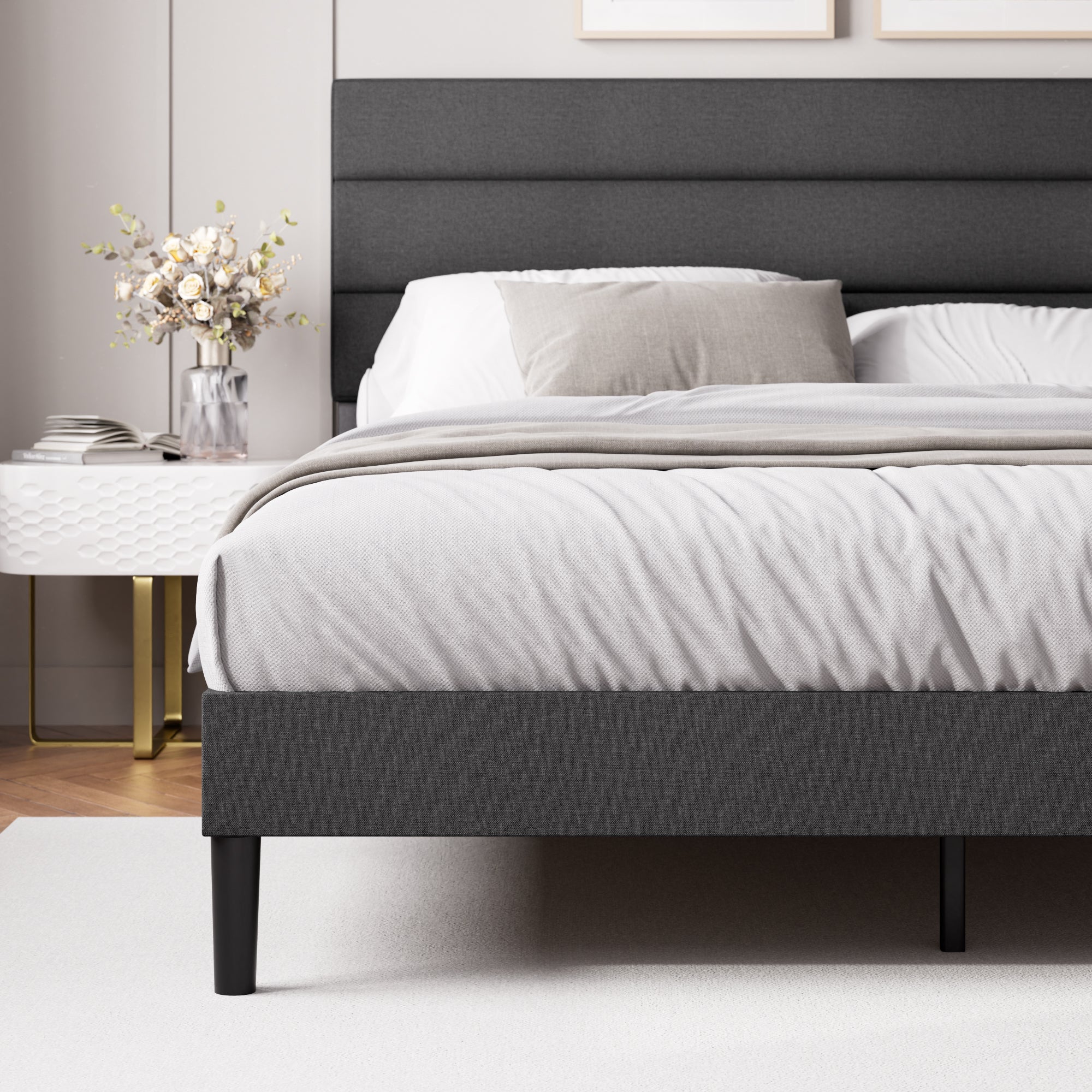 Piper Horizontal Panel Upholstered Platform Bed, Dark Grey