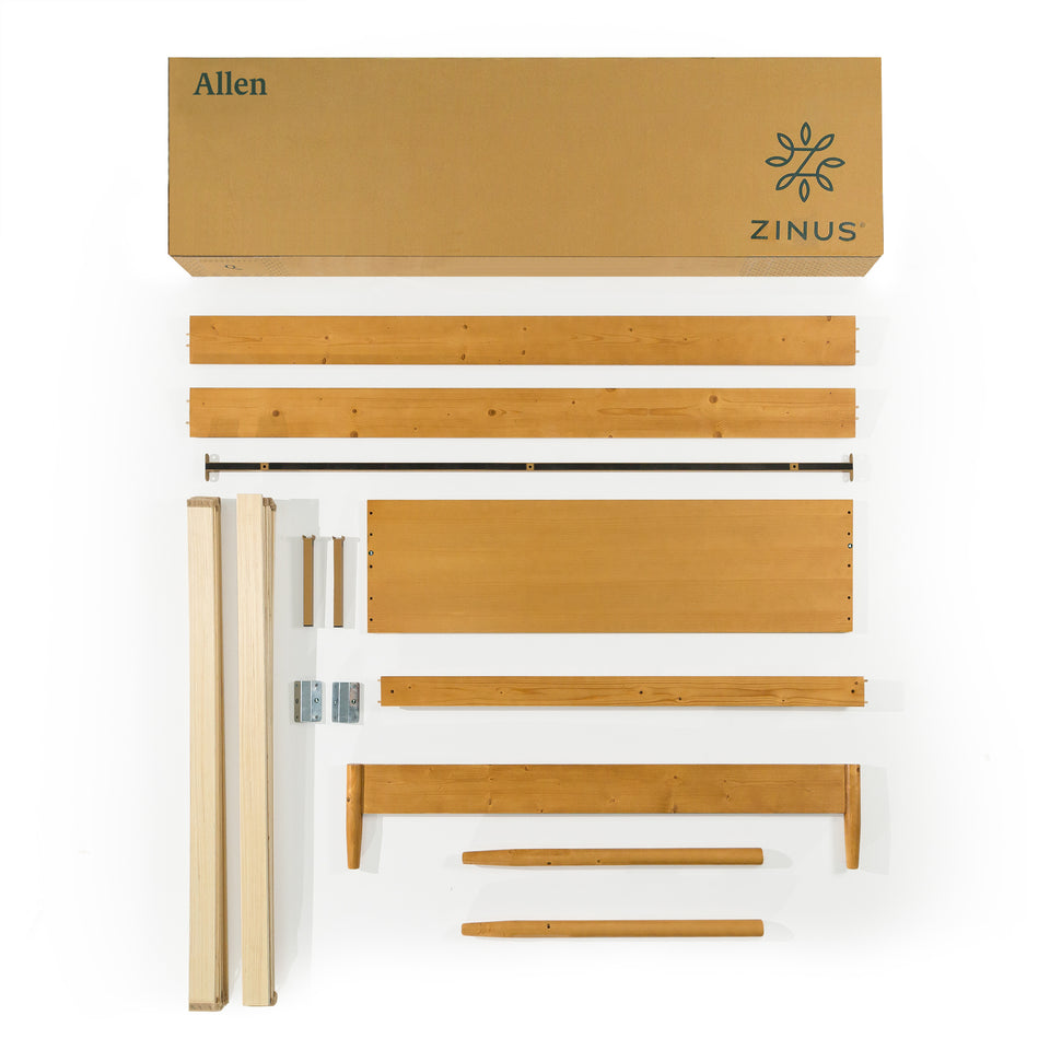 Unassembled Zinus Allen wooden platform bed parts arranged neatly, including side rails, legs, headboard, center support, and hardware, with shipping box labeled Allen.