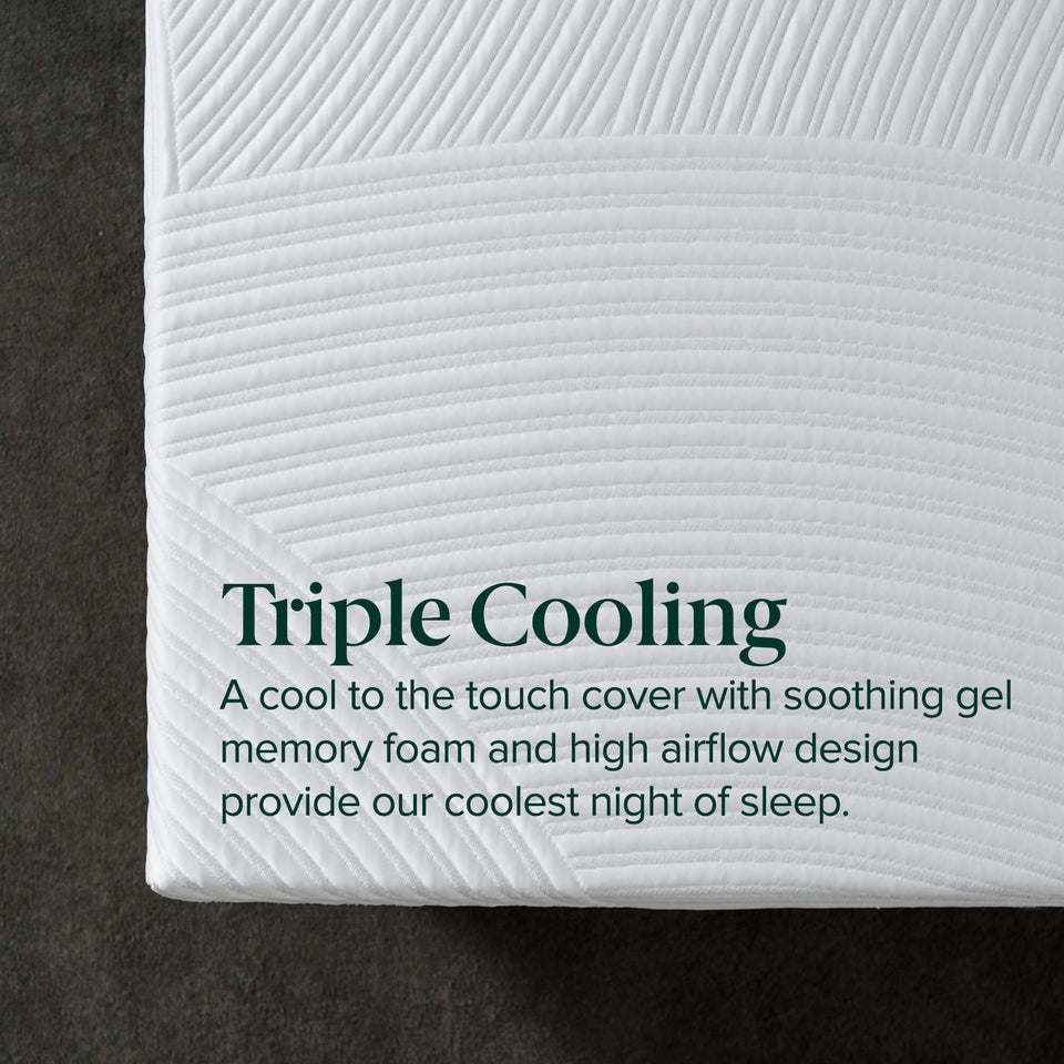 Detail of Zinus Ultra Cooling Green Tea Hybrid Mattress with triple cooling design. Features cool-to-the-touch cover, gel-infused memory foam, and airflow technology for enhanced temperature regulation and refreshing sleep.