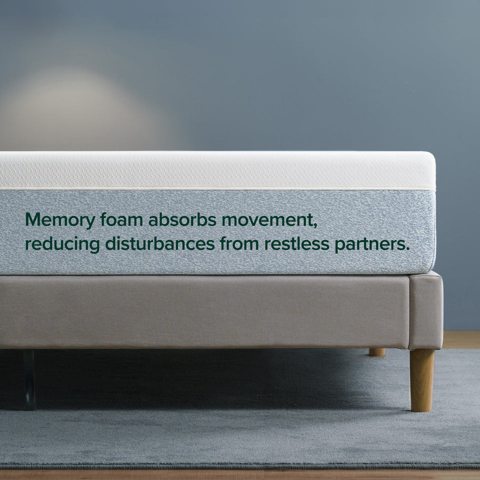 Zinus Cooling Green Tea Hybrid Mattress with motion-isolating memory foam that absorbs movement, reducing disturbances from restless partners. Hybrid design combines cooling gel, supportive springs, and foam layers for a refreshing and undisturbed night’s sleep