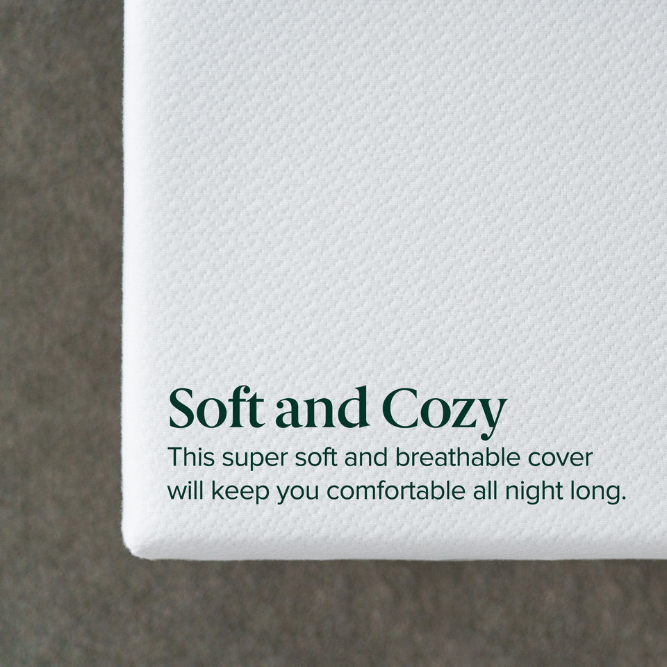 Corner close-up of Zinus Original Green Tea Memory Foam Mattress with breathable knit cover. The soft and cozy design enhances airflow, keeping sleepers cool and comfortable throughout the night while offering gentle pressure relief