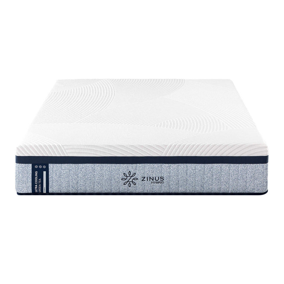 Zinus Ultra Cooling Green Tea Hybrid Mattress in studio view. Features white quilted top, cooling gel memory foam, breathable fabric, and supportive innerspring base for long-lasting comfort and cool sleep experience.
