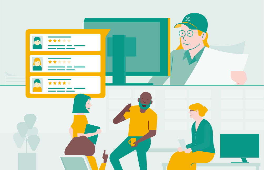 Illustrated scene showing people discussing and viewing star ratings and customer reviews on a screen, conveying trusted feedback, shared experiences, and confidence in product quality and customer satisfaction.