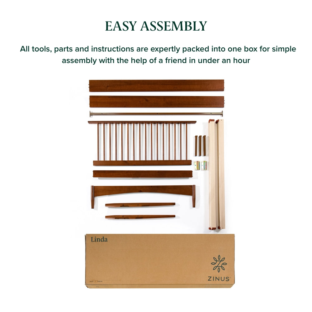 Unassembled wooden platform bed components neatly arranged with headboard, side rails, legs, slats, and hardware, shown with text 'Easy Assembly' explaining all tools and instructions are packed in one box for setup in under an hour with help from a friend