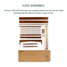 Unassembled wooden platform bed components neatly arranged with headboard, side rails, legs, slats, and hardware, shown with text 'Easy Assembly' explaining all tools and instructions are packed in one box for setup in under an hour with help from a friend