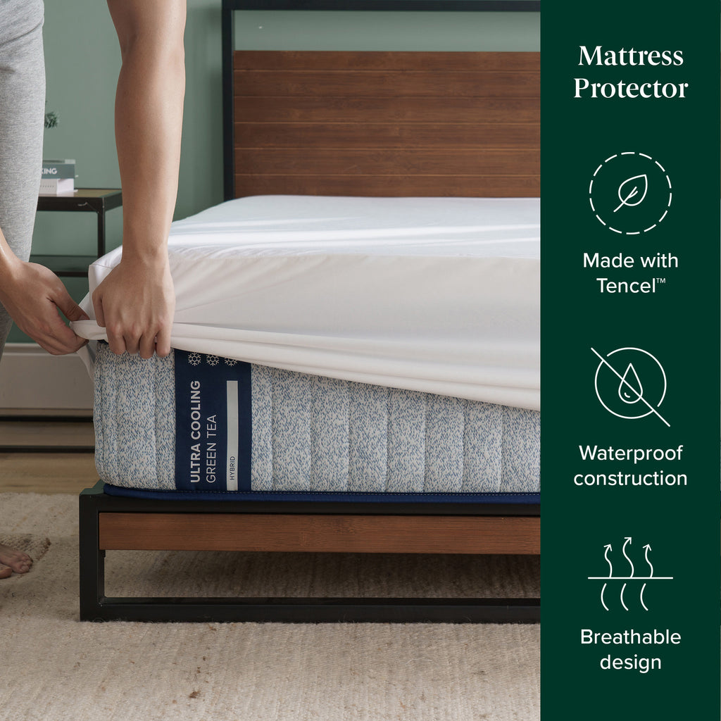 Person fitting white waterproof mattress protector over Zinus Ultra Cooling Green Tea Hybrid mattress on wooden platform bed. On-screen text highlights Tencel material, waterproofing, and breathability. 