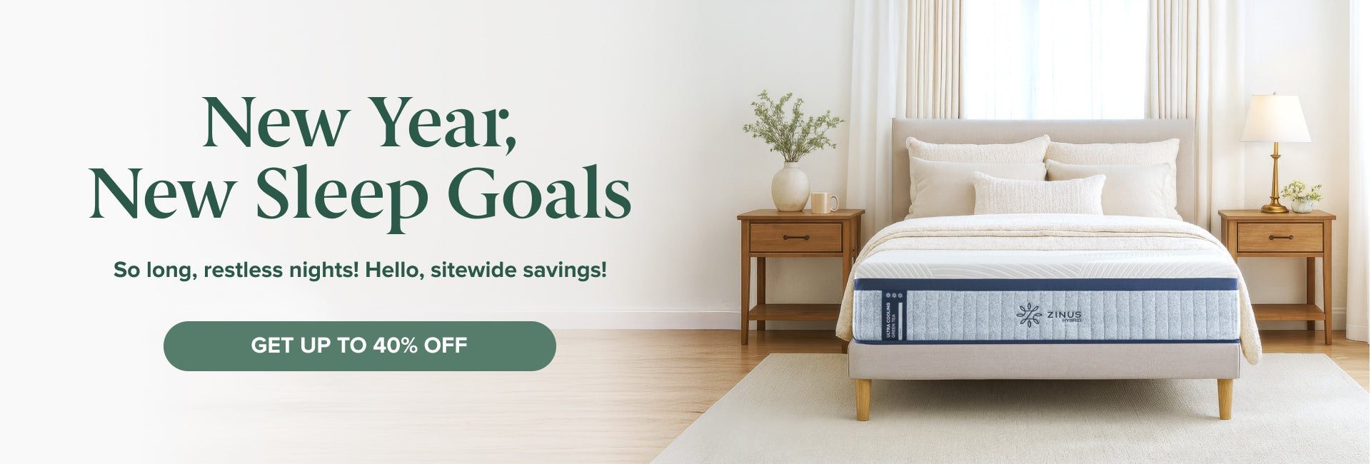 Zinus hybrid mattress in the ultra cooling version.  bright room with rug and two end tables