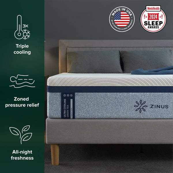 Zinus Ultra Cooling Green Tea Memory Foam Mattress with advanced cooling gel and contouring support, proudly Made in USA – top rated cooling memory foam mattress. Features: All-night freshness, Triple cooling and Zoned pressure relief