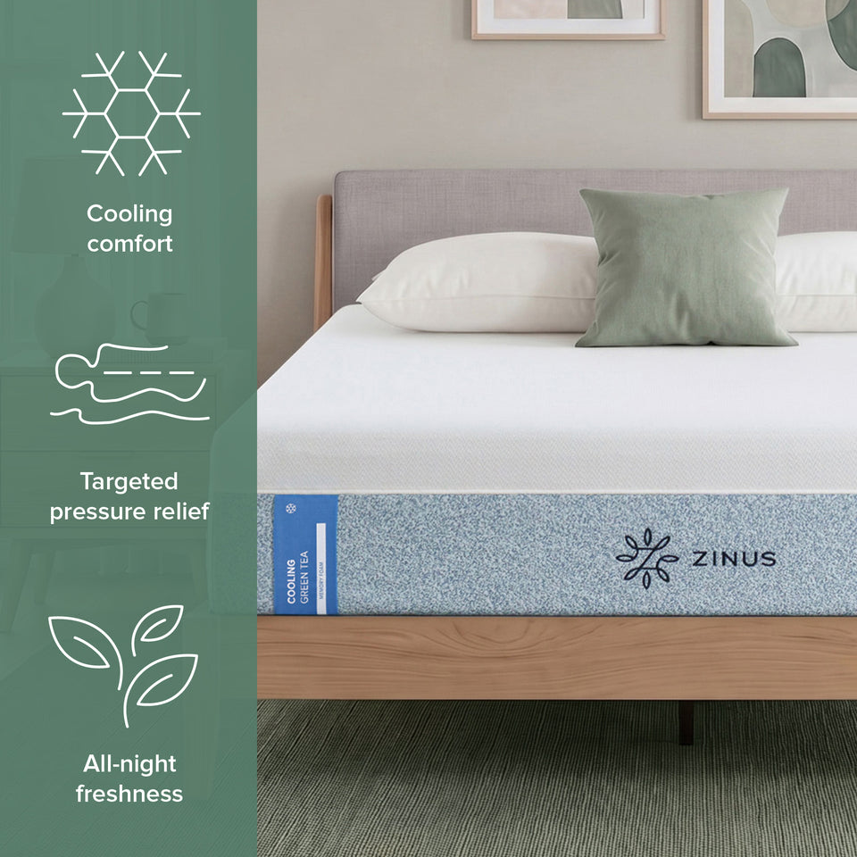 Zinus Cooling Green Tea Memory Foam Mattress, Queen, on wood platform bed frame with white pillows and sage cushion, side icons reading cooling comfort, targeted pressure relief, and all-night freshness.