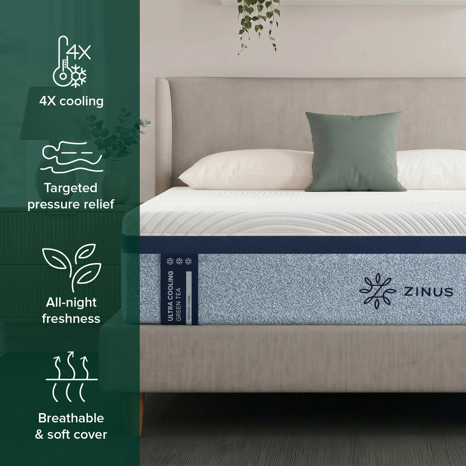 Zinus Ultra Cooling Green Tea Memory Foam Mattress, Queen, on upholstered bed frame with white pillows and sage cushion, side icons reading 4X cooling, targeted pressure relief, all-night freshness, and breathable and soft cover.
