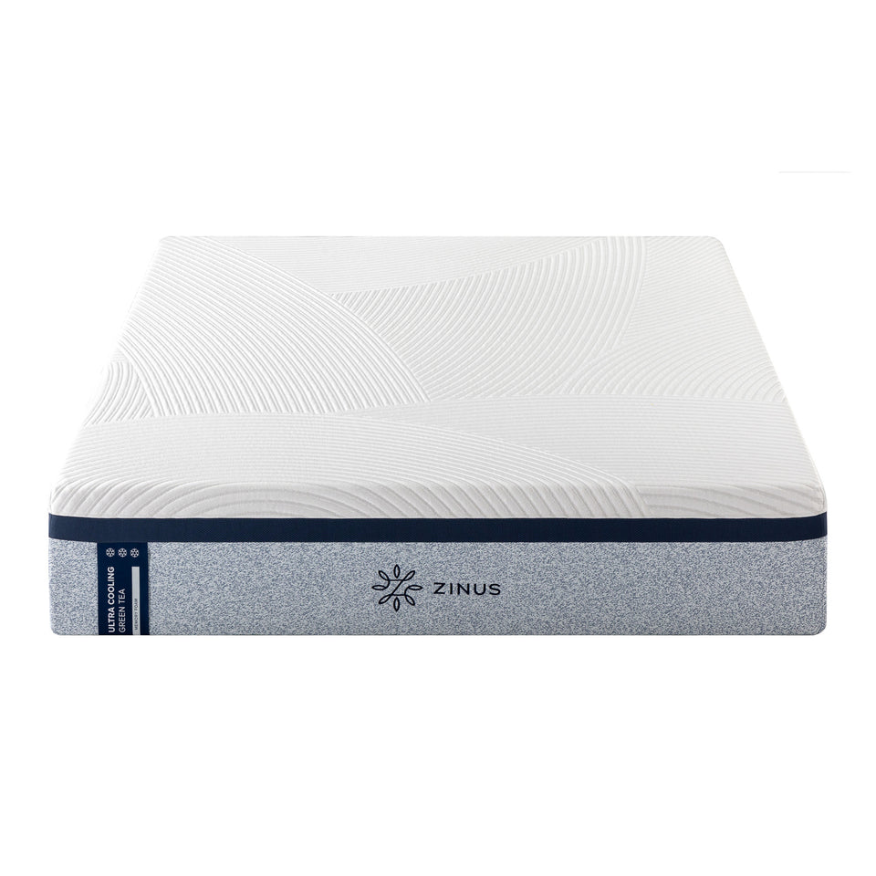 Zinus Ultra Cooling Green Tea Memory Foam Mattress, Queen, front silo product shot on white background showing quilted white cover, blue textured side panel with snowflake icons, and Zinus logo.