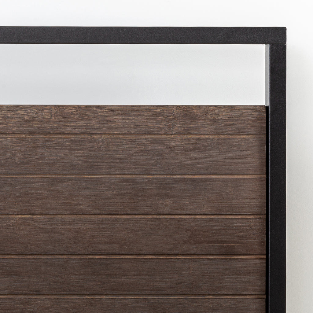 Close-up of Zinus Suzanne Platform Bed Frame headboard featuring natural bamboo panels and sleek gray steel frame. The clean-lined design highlights modern craftsmanship, blending durability with a warm, minimalist aesthetic. 