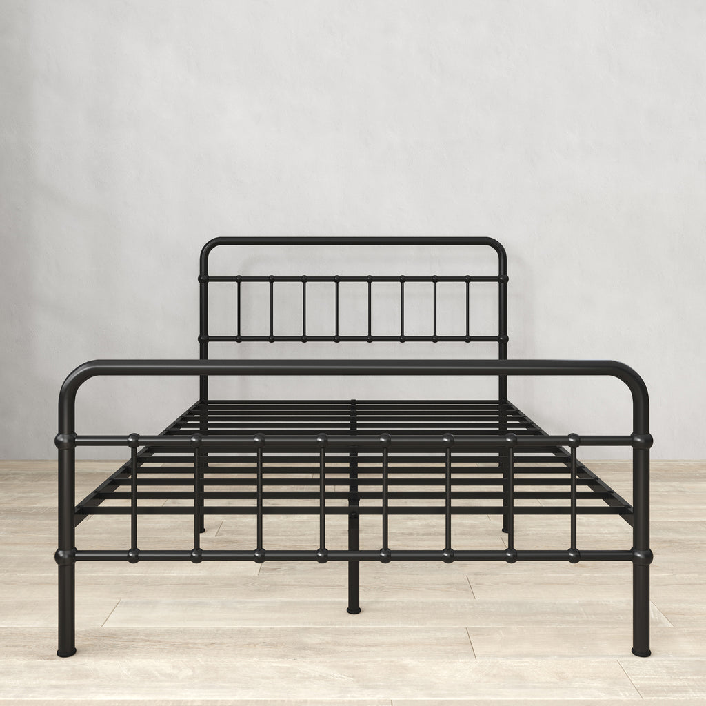 Front view of Zinus metal platform bed frame with headboard and footboard, shown in black steel. Clean lines and durable slats create a supportive base for queen or full mattresses. Functional design eliminates need for box spring while maximizing durability and mattress life. 