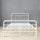 Front view of Zinus metal platform bed frame with headboard and footboard, shown in white steel. Clean lines and durable slats create a supportive base for queen or full mattresses. Functional design eliminates need for box spring while maximizing durability and mattress life.