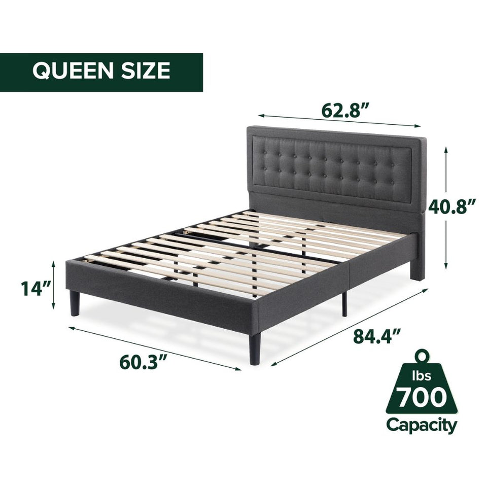 Queen size upholstered platform bed frame with tufted headboard shown with wood slats, measuring 62.8 inches wide, 84.4 inches long, 40.8 inches high, and 14 inches from floor to base, supporting up to 700 pounds.