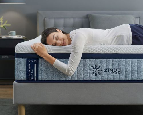 Ultra Cooling Green Tea Hybrid Mattress, featuring cooling gel technology and pressure relief for optimal sleep comfort and customized coils for support 