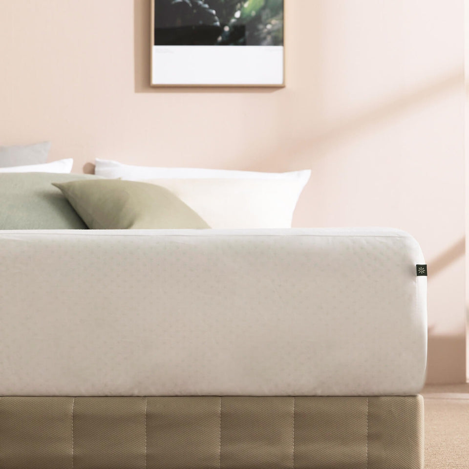 "Zinus TENCEL waterproof mattress protector shown covering a mattress in a styled bedroom with pillows, highlighting discreet white design that blends with bedding. Protector offers moisture resistance, breathable comfort, and full coverage to extend the life of any Zinus queen mattress