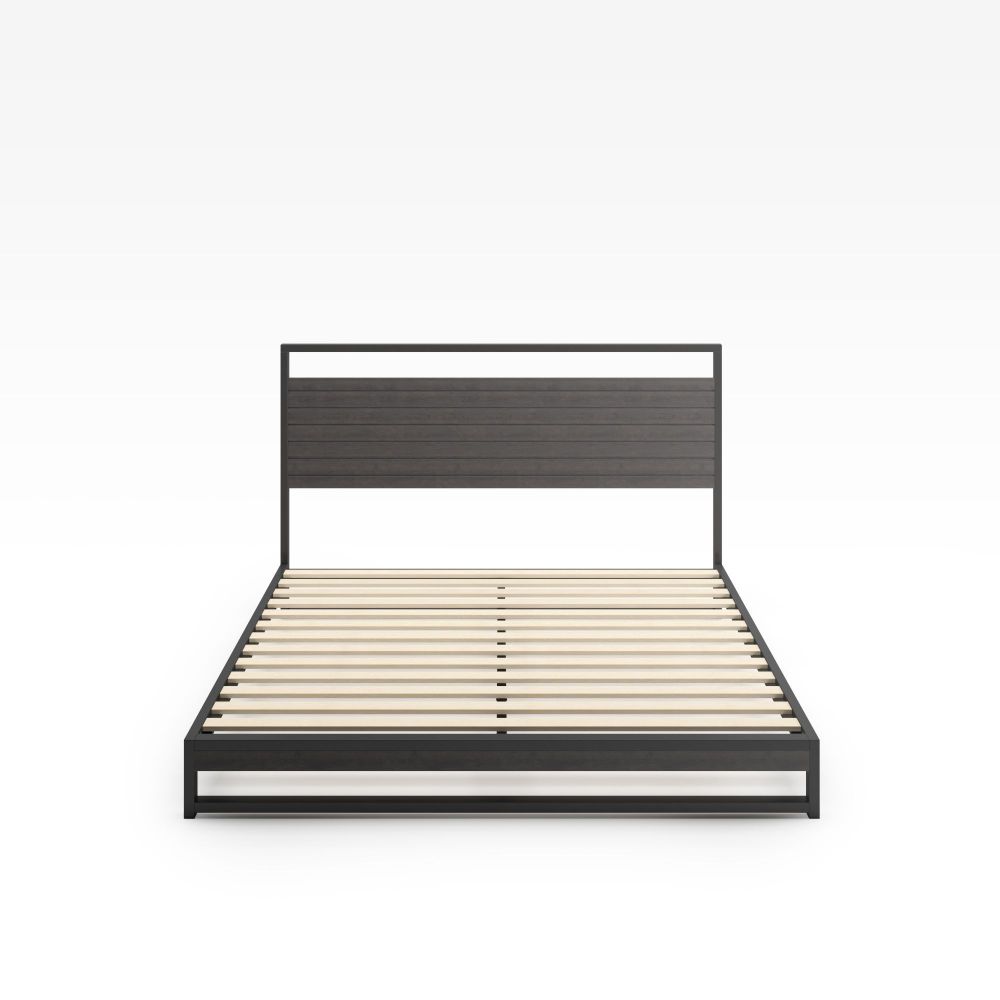 Front view of Zinus Suzanne Metal and Bamboo Platform Bed Frame with bamboo headboard and black steel frame. Durable wood slats ensure strong mattress support while the modern industrial design adds clean style to any bedroom. 
