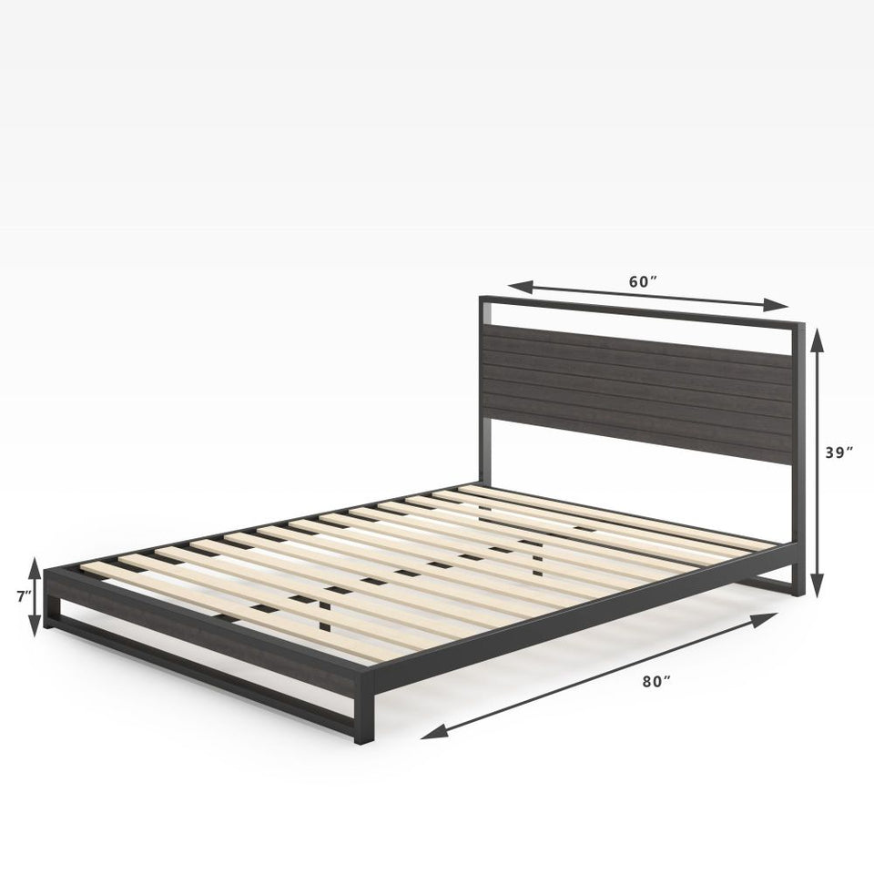 Zinus Suzanne Metal and Bamboo Platform Bed Frame with queen size dimensions shown. Black steel frame with natural bamboo headboard and footboard measures 60 inches wide, 39 inches high, and 80 inches long, with a 7 inch clearance for underbed storage.