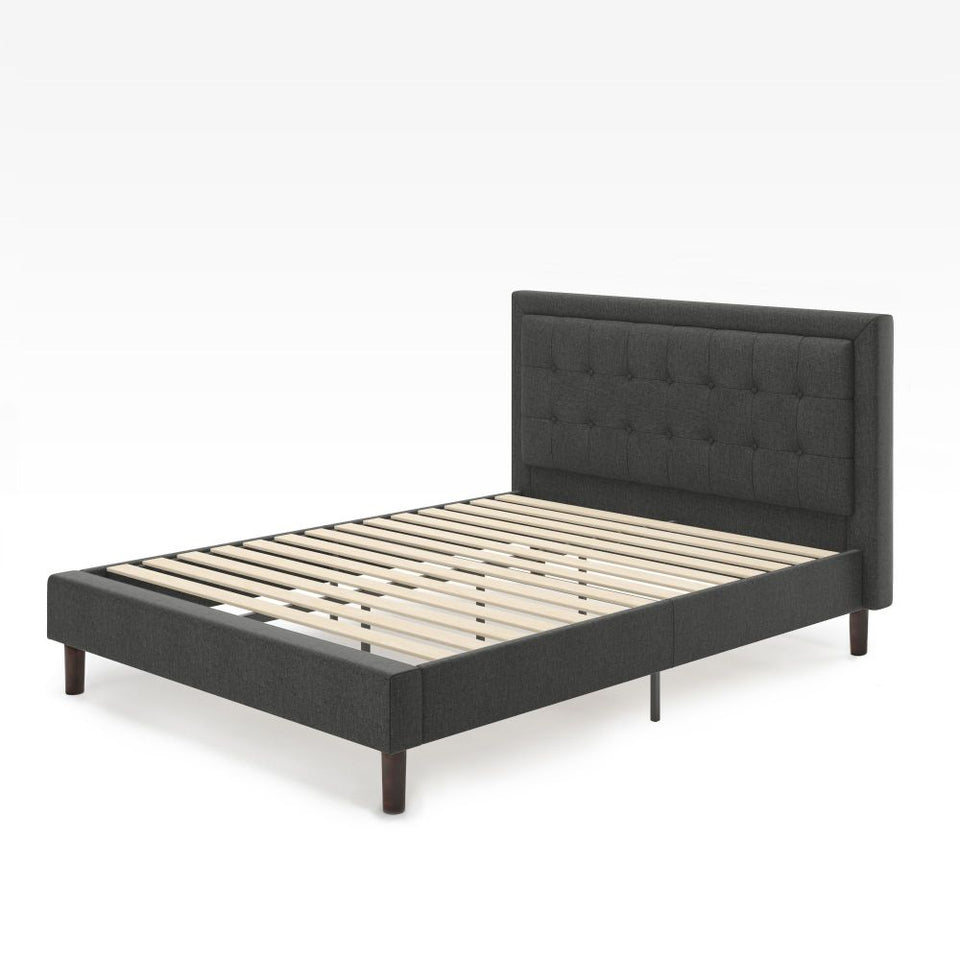 Zinus Dachelle Upholstered Platform Bed Frame in dark gray fabric with square tufted headboard. Built with strong wooden slats for reliable mattress support, durable frame, and sleek low-profile legs for a stylish modern bedroom centerpiece.