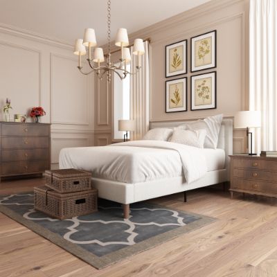 Zinus Dachelle Upholstered Platform Bed Frame in light gray featured in a classic bedroom with wood furniture and modern rug. Square tufted headboard and sturdy platform frame combine durability and elegance for timeless bedroom style
