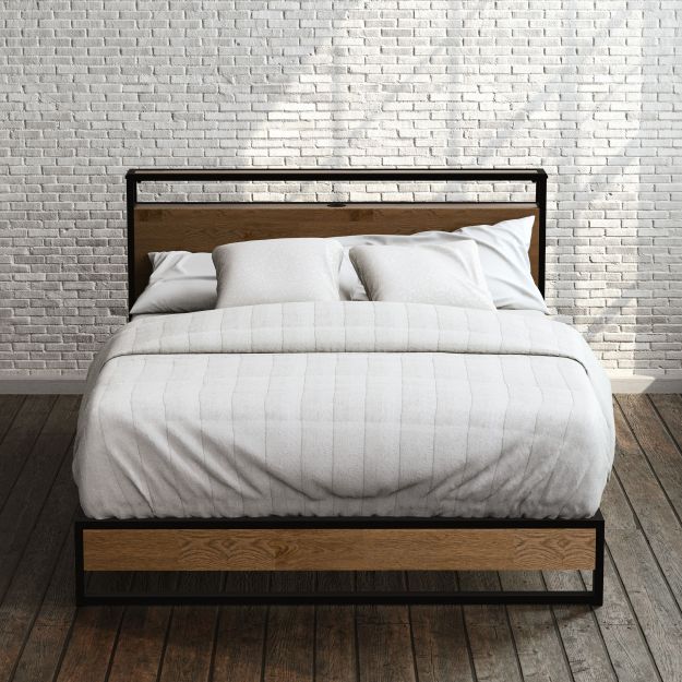 Zinus Suzanne Metal and Bamboo Platform Bed Frame with USB port shown in queen size. Features modern black steel frame, bamboo headboard and footboard, 10-inch underbed clearance, and sturdy wood slats for reliable mattress support.