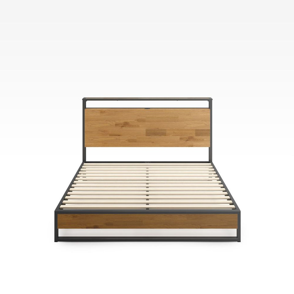 Front view of Zinus Suzanne Metal and Bamboo Platform Bed Frame with USB port. Features a modern black steel frame, bamboo headboard and footboard, and strong wooden slats that support mattress directly for a minimalist look