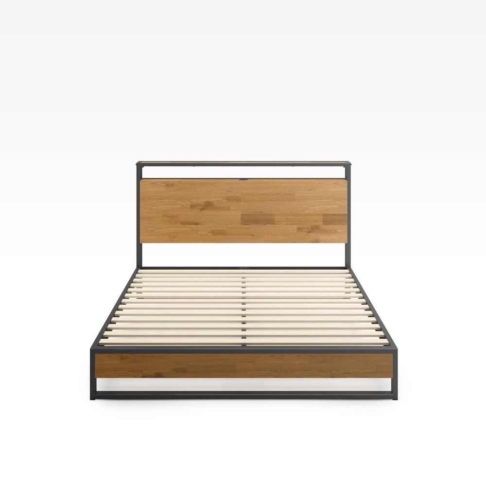 Front view of Zinus Suzanne Metal and Bamboo Platform Bed Frame with USB port. Features a modern black steel frame, bamboo headboard and footboard, and strong wooden slats that support mattress directly for a minimalist look 