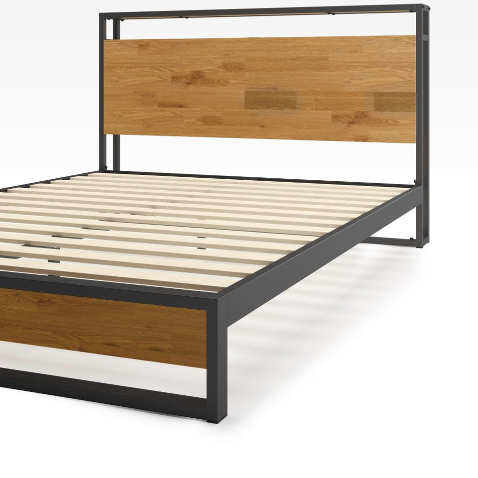 Close-up of Zinus Suzanne Metal and Bamboo Platform Bed Frame with USB port. Black steel frame paired with smooth bamboo wood panels and sturdy wooden slats, designed for durability, mattress stability, and a modern minimalist bedroom look.