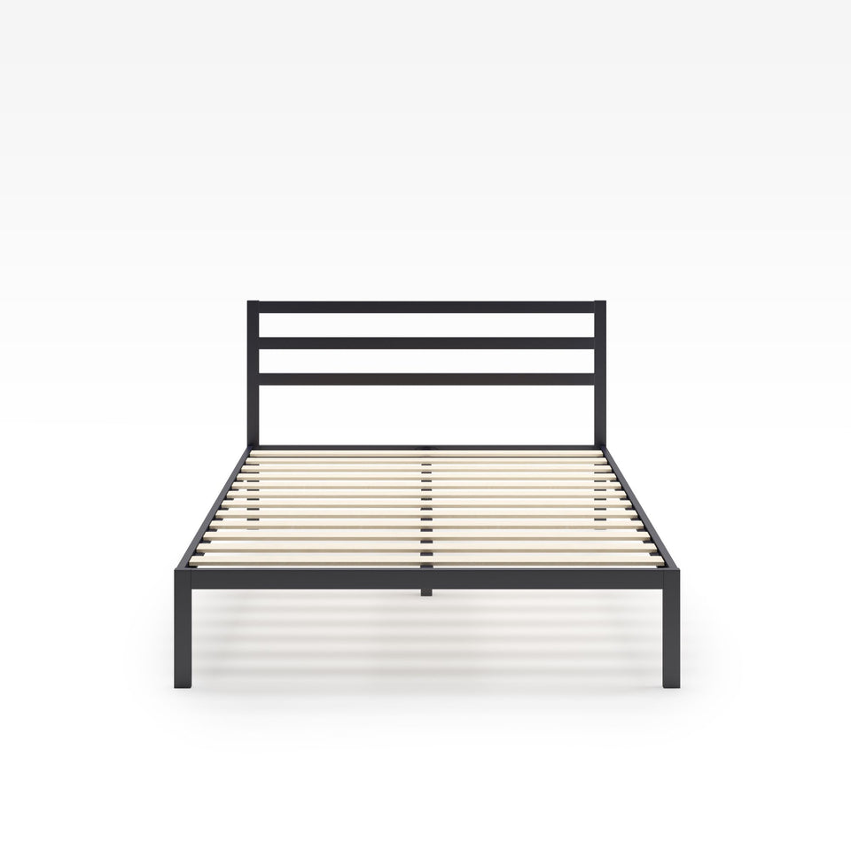 Front view of Zinus Mia Metal Platform Bed Frame with Headboard. Strong black steel frame features three horizontal slats on the headboard with wooden mattress supports. Sleek, durable, and modern platform design supports restful sleep.