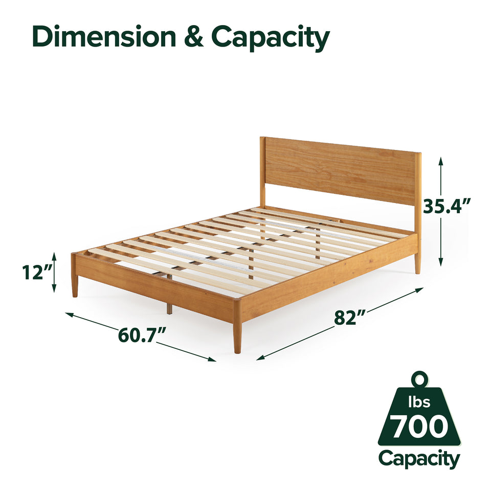 Zinus Allen Wood Platform Bed Frame in warm natural finish shown with dimensions 60.7 inches wide, 82 inches long, 35.4-inch headboard height, and 12-inch clearance. Durable slat foundation supports up to 700 pounds, offering sturdy mattress support and timeless wood style
