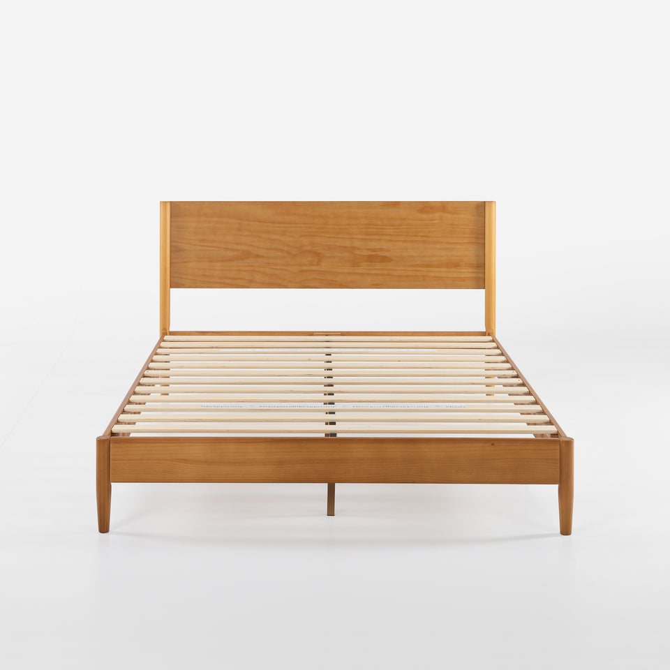 Front view of Zinus Allen Wood Platform Bed Frame in natural finish. Minimalist design features strong wooden slats, clean-lined headboard, and tapered legs. Platform style eliminates need for box spring while providing sturdy, reliable mattress support for restful sleep