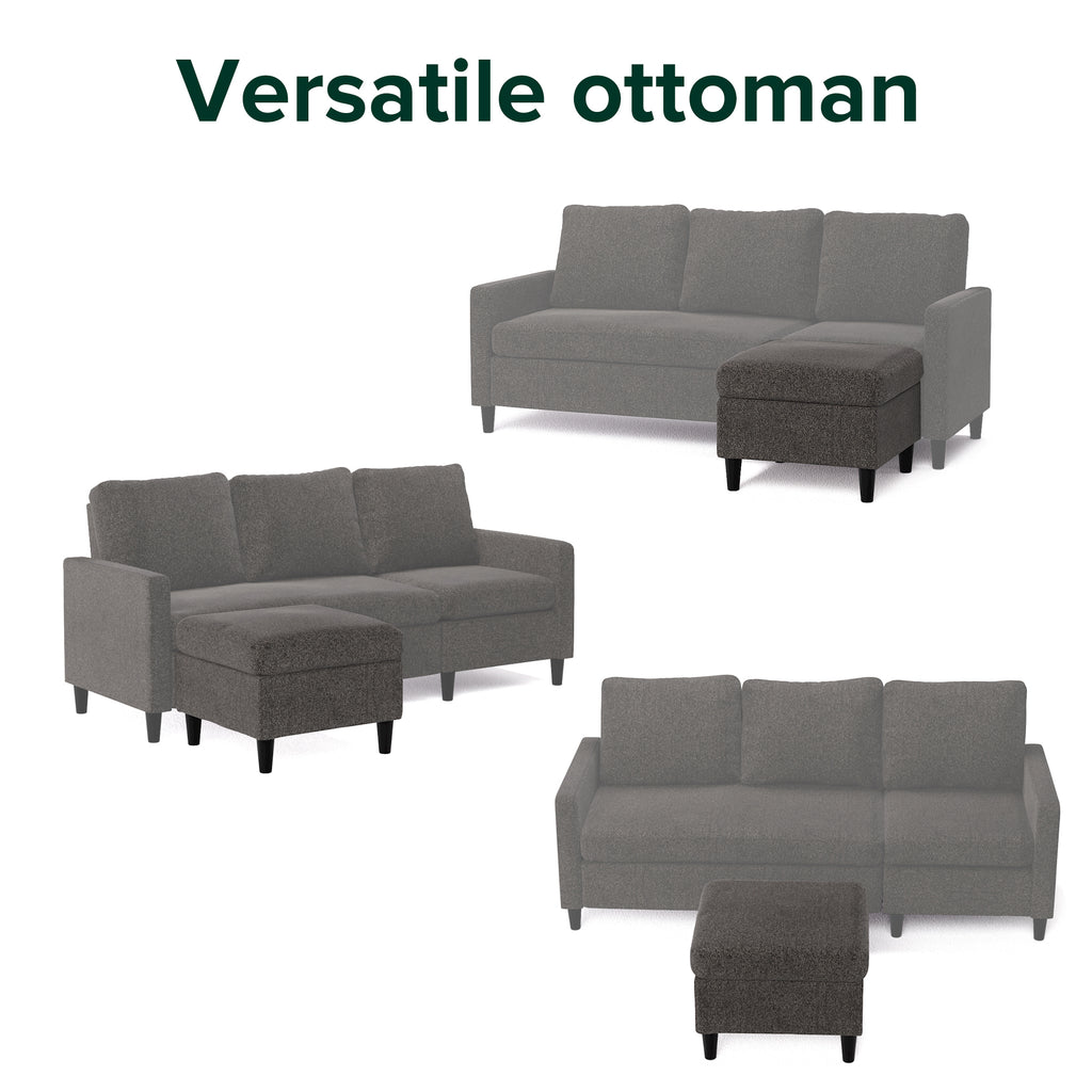 Zinus Hudson Convertible Sectional Sofa with reversible chaise shown in multiple layouts using the versatile ottoman. Configurations include left-facing, right-facing, and separated ottoman setup, offering flexibility for small living rooms while maintaining comfort and durability 