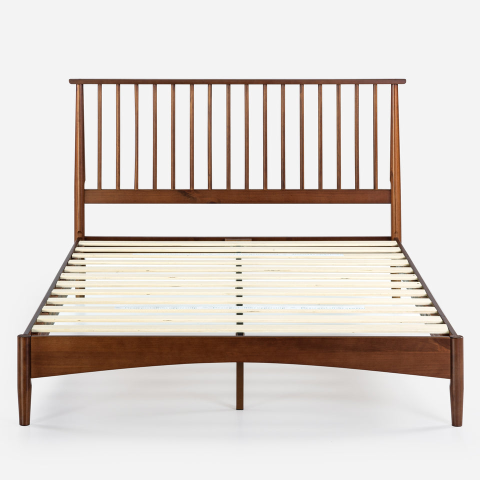 Front view of Zinus Linda Wood Platform Bed Frame with slatted foundation and tall slatted headboard in walnut finish. Durable wood construction combines clean lines and minimalist mid-century style with strong support for mattresses, eliminating the need for a box spring.