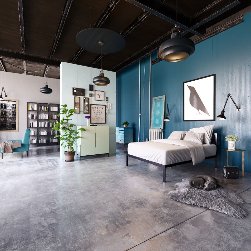 Zinus Mia Metal Platform Bed Frame with Headboard styled in modern loft bedroom. Black steel frame with horizontal slats and underbed clearance for storage. Minimalist design pairs industrial look with long-lasting durability.