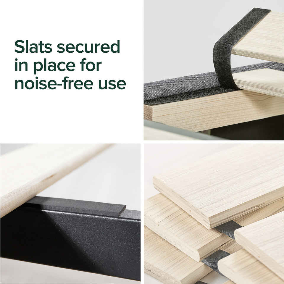 Close-up of Zinus Upholstered Platform Bed Frame wooden slats secured with Velcro strips and foam padding. Design keeps slats in place for noise-free sleep, offering reliable mattress support. Crafted for durability and comfort with innovative Zinus construction.