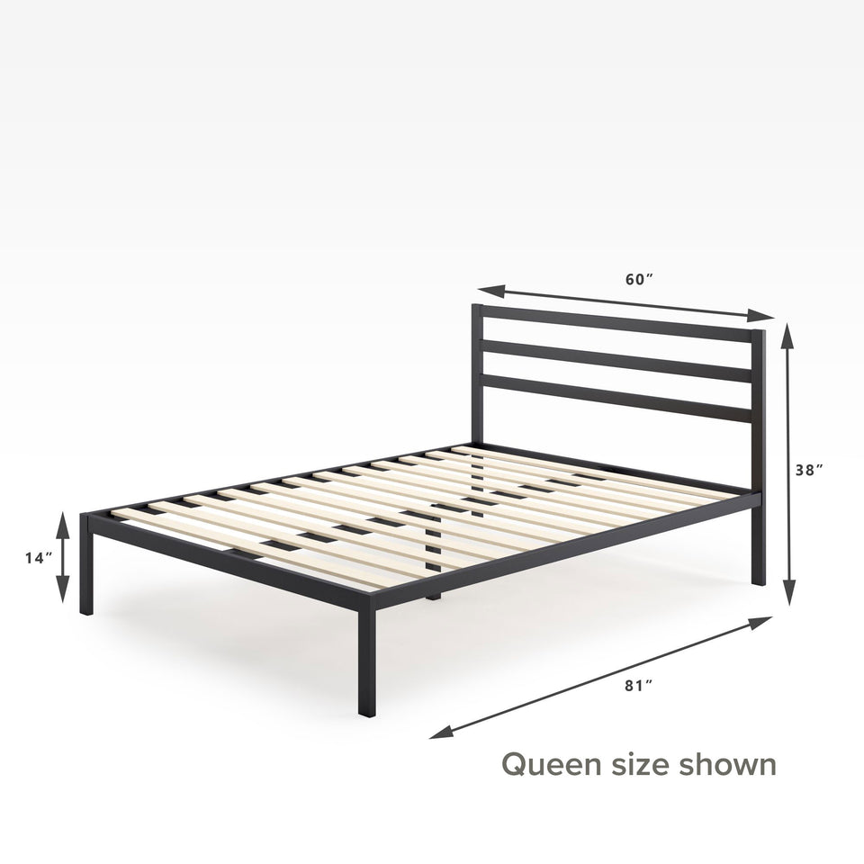 Zinus Mia Metal Platform Bed Frame with Headboard queen size shown with dimensions. Measures 60 inches wide, 81 inches long, 38 inches high, with 14 inch clearance for storage. Strong black steel frame with wooden slats for mattress support.