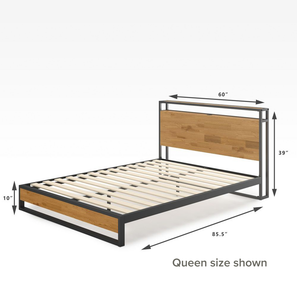 Zinus Suzanne Metal and Bamboo Platform Bed Frame with USB port shown in queen size. Features modern black steel frame, bamboo headboard and footboard, 10-inch underbed clearance, and sturdy wood slats for reliable mattress support.